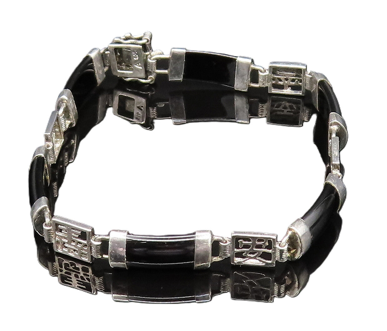 925 Sterling Silver Vintage Curved Black Onyx Bar & Characters Bracelet BT9508