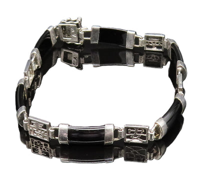 925 Sterling Silver Vintage Curved Black Onyx Bar & Characters Bracelet BT9508