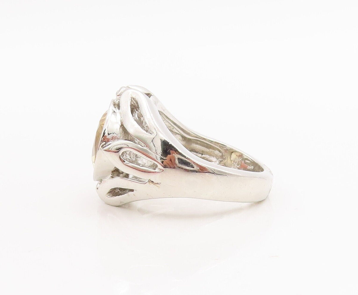 925 Sterling Silver Vintage Ring Leaf Border Cutout Neck Citrine  Sz 8  RG28658