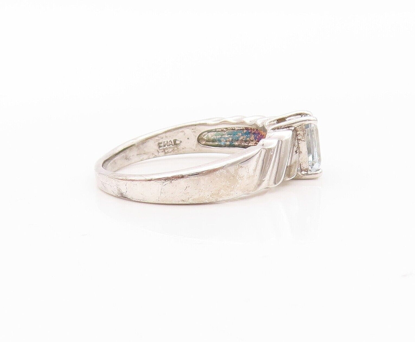 925 Sterling Silver Vintage Ring Minimalist Grooved Blue Topaz Sz 8  RG30202