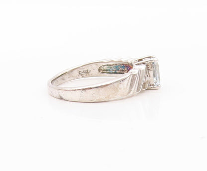 925 Sterling Silver Vintage Ring Minimalist Grooved Blue Topaz Sz 8  RG30202