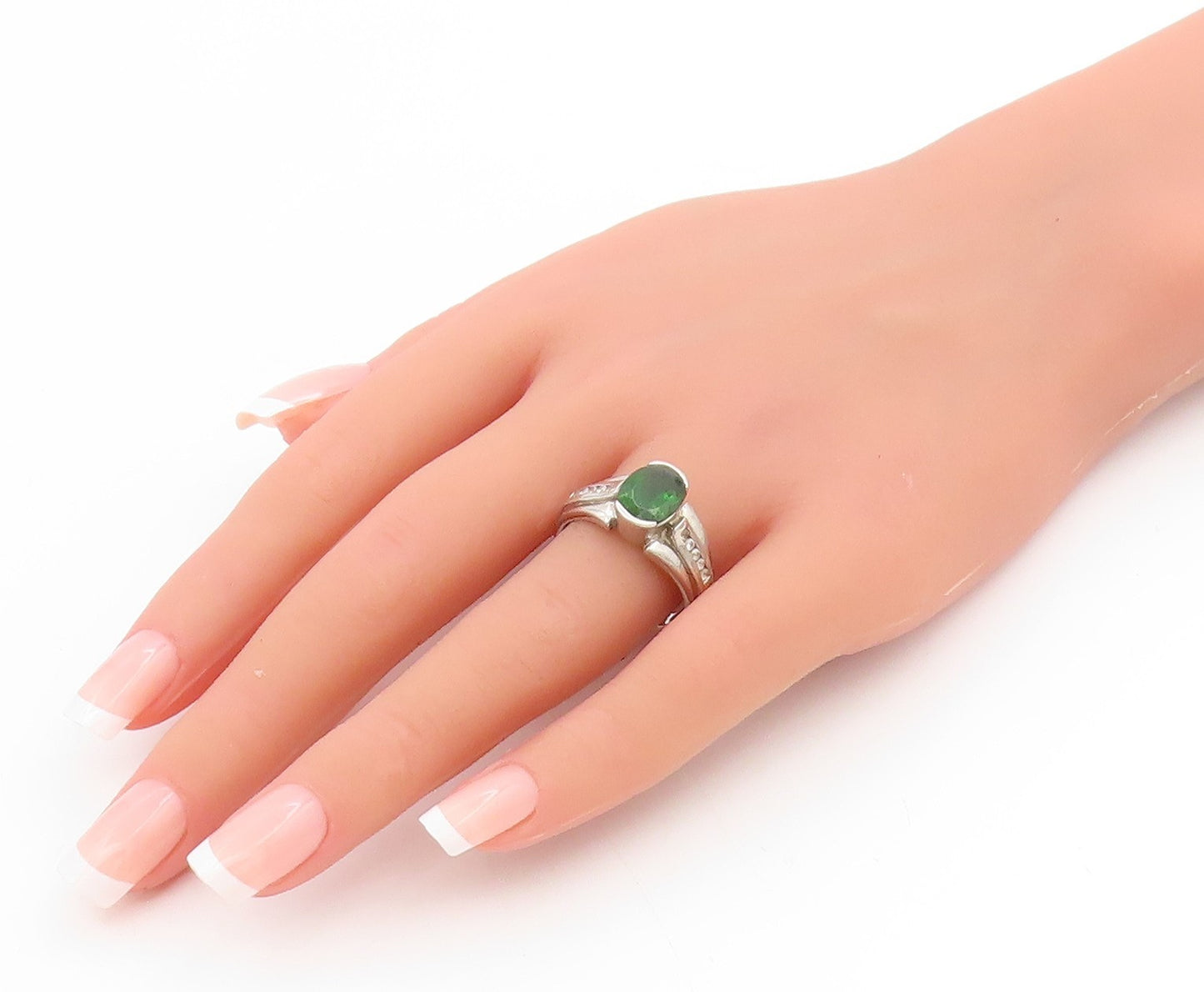 925 Sterling Silver Vintage Ring Elegant Green CZ Statement Band Sz 9.5 RG34681