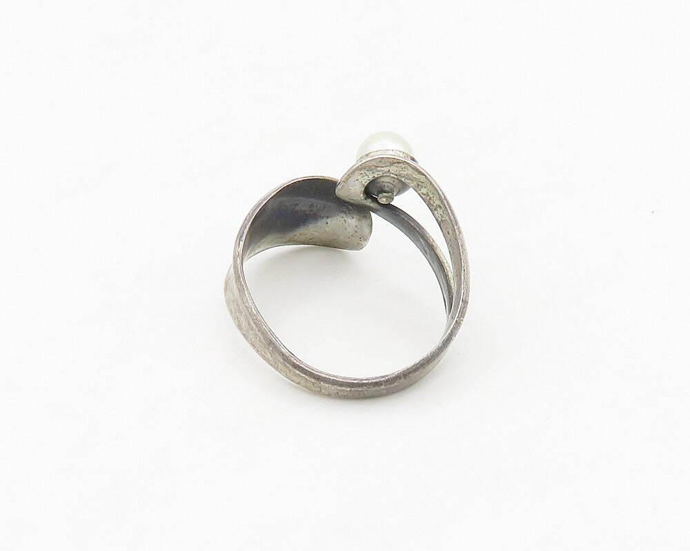 BEAU 925 Silver  Vintage Freshwater Pearl Bypass Band Ring Sz 10  RG19316