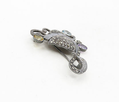 925 Sterling Silver  Vintage Amethyst Topaz & Citrine Swan Brooch Pin  BP3439