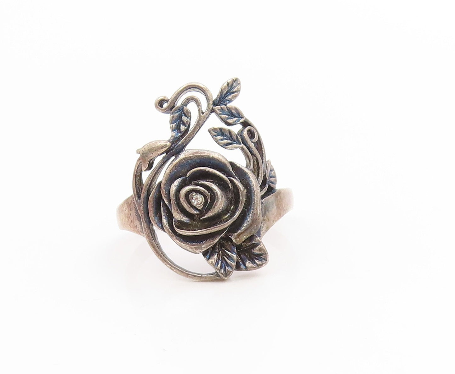 925 Sterling Silver Vintage Ring CZ Carved Floral Rose Blossom  Sz 11  RG34145