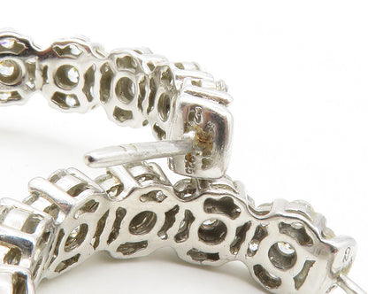 925 Sterling Silver  Cubic Zirconia Floral Cluster Shiny Hoop Earrings  EG8775