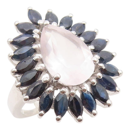 925 Sterling Silver Vintage Ring Elegant Rose Quartz & Sapphire  Sz 8.5  RG36147