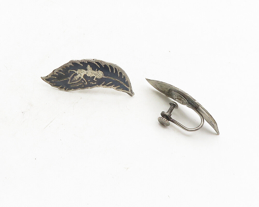 SIAM 925 Silver  Vintage Enamel Niello Dancer Leaf Non Pierce Earrings  EG5340