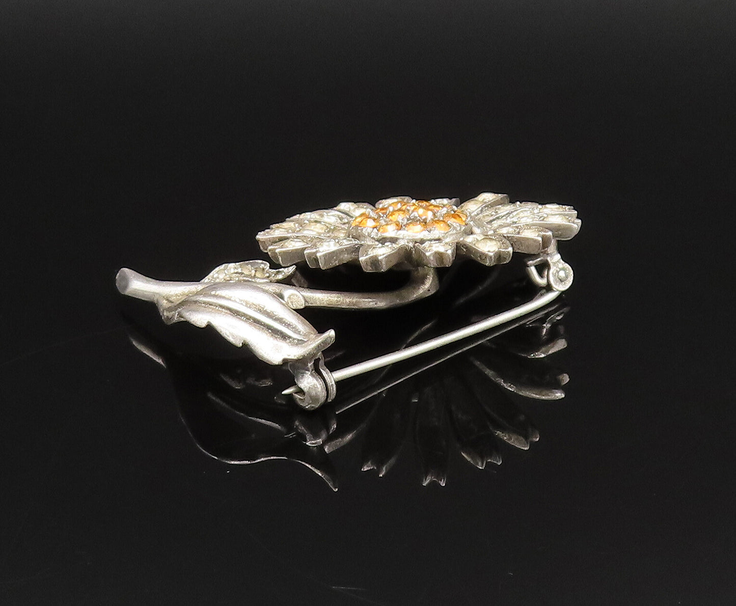 GERMANY 925 Silver  Vintage Antique Citrine & Topaz Flower Brooch Pin  BP9740