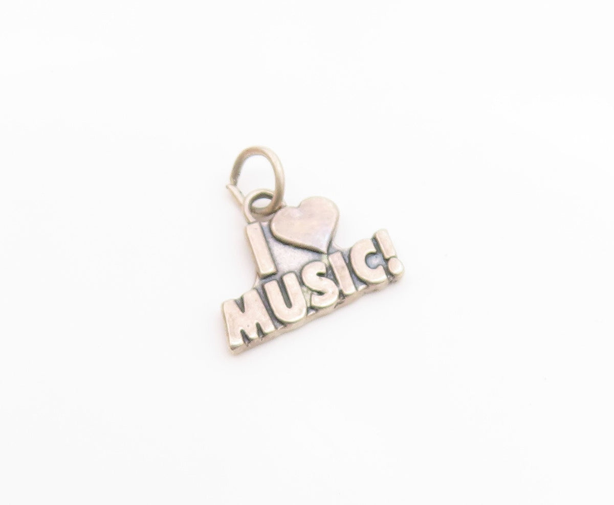 925 Sterling Silver  Vintage Shiny Heart I Love Music Pendant  PT19174