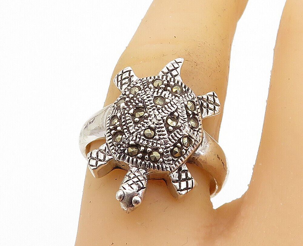 925 Sterling Silver  Marcasite Decorated Turtle Cocktail Ring Sz 7.5  RG7901