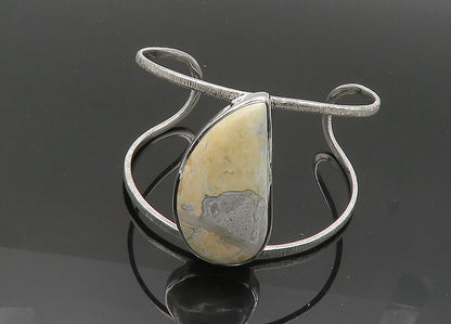 925 Sterling Silver  Vintage Cabochon Jasper Shiny Split Cuff Bracelet  BT8260