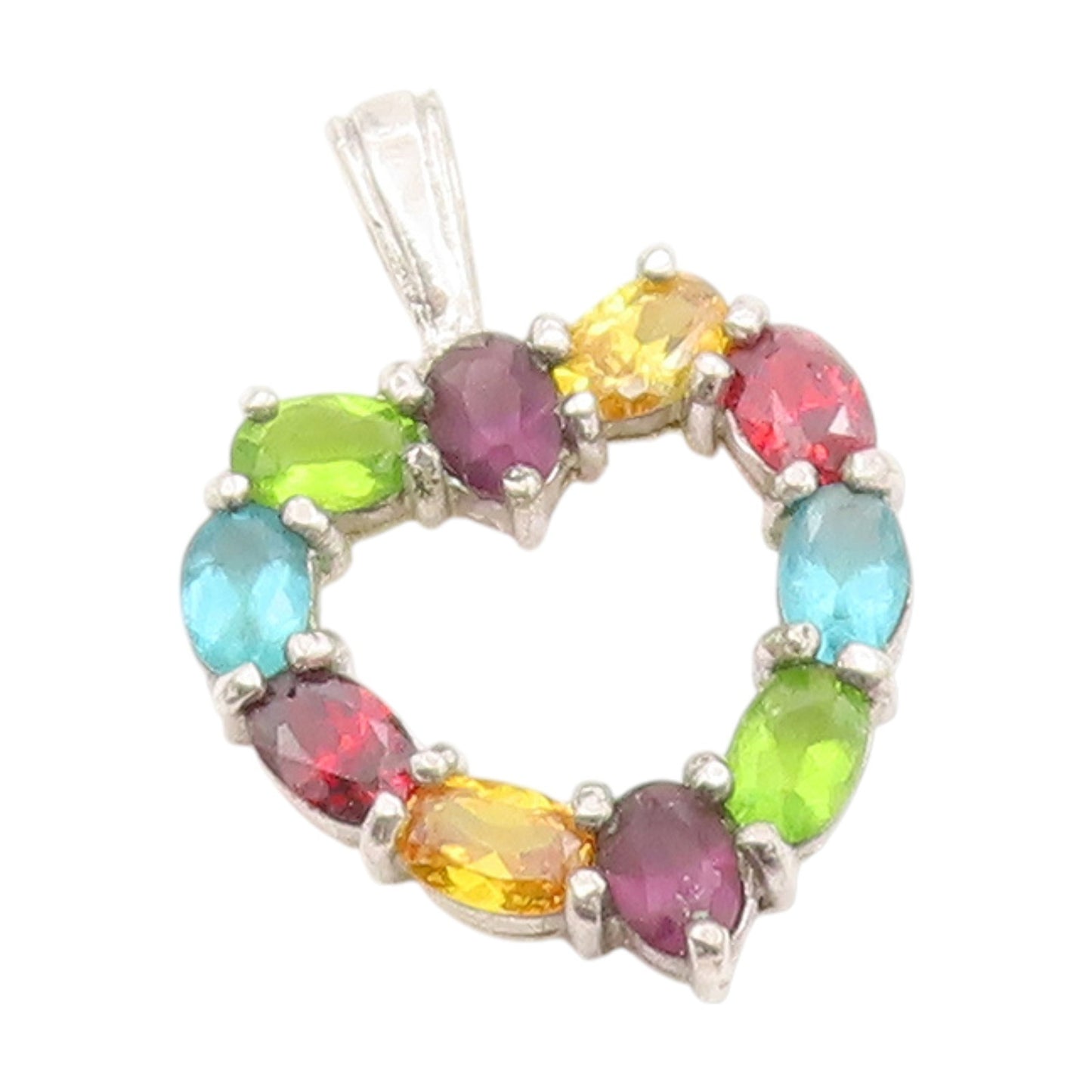 925 Sterling Silver Vintage Pendant Multi Gemstone Open Love Heart Charm PT25070