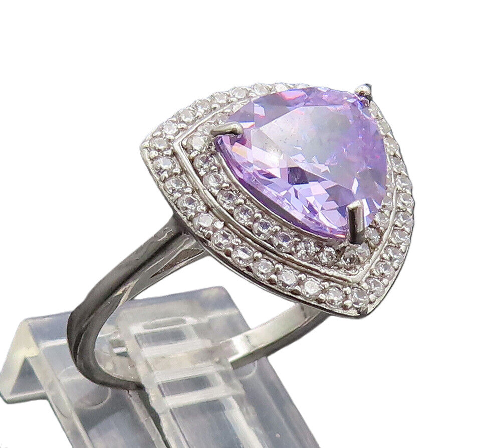 925 Sterling Silver  Vintage Amethyst Triangle Halo White CZ Ring Sz 7 RG26979