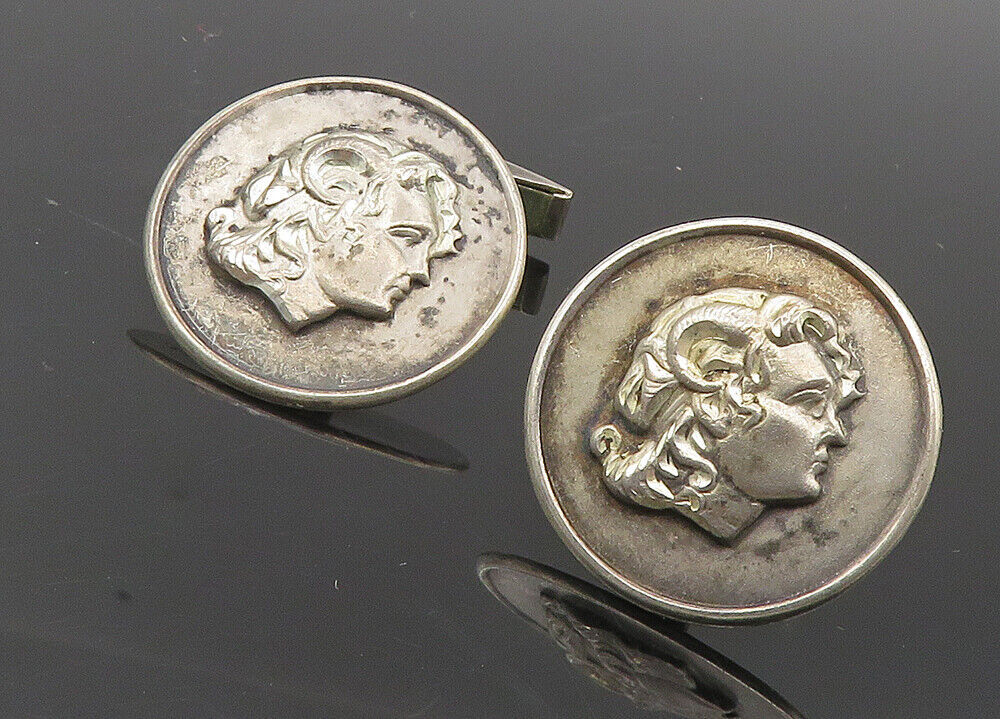 925 Sterling Silver  Vintage Oxidized Face Profile Round Cuff Links  TR1725