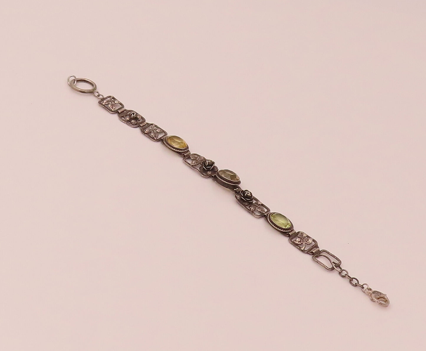 GERMANY 925 Silver  Vintage Rose & Leaf stencil Cutout Citrine Bracelet BT9839