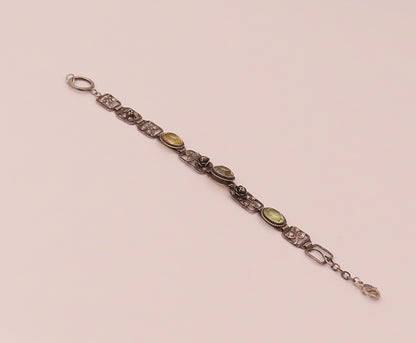 GERMANY 925 Silver  Vintage Rose & Leaf stencil Cutout Citrine Bracelet BT9839