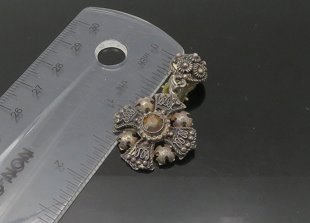 JERUSALEM 925 Silver  Vintage Antique Topaz Cross Non Pierce Earrings  EG10948