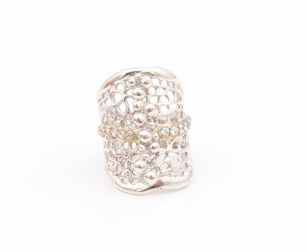 925 Sterling Silver Vintage Ring CZ Intricate Spider Web Wide Band Sz 7 RG34625