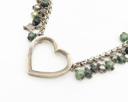 925 Silver  Vintage Pearls Turquoise & Agate Love Heart Chain Necklace  NE3040