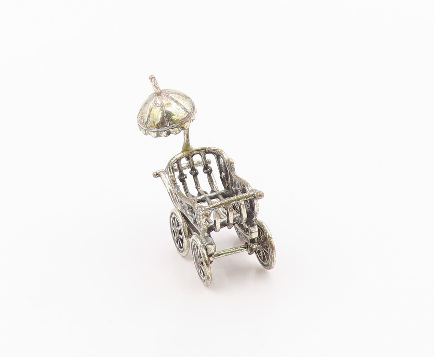 925 Sterling Silver  Vintage Shiny Old Fashioned Baby Carriage Trinket  TR1823