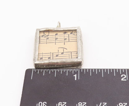 925 Sterling Silver Vintage Pendant Antique Framed Square Musical Sheets PT22878