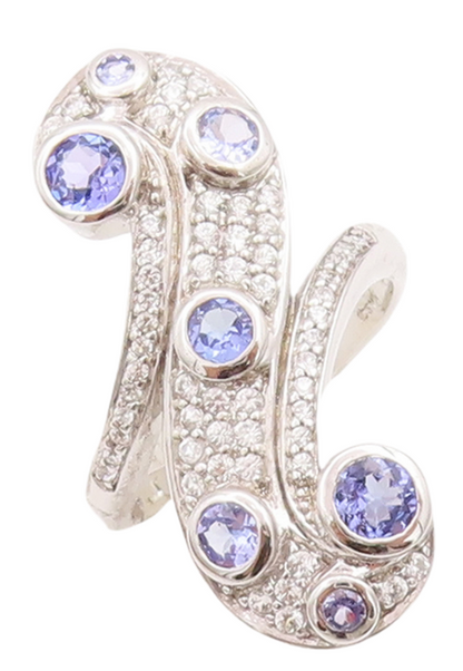 925 Sterling Silver Vintage Ring Round Tanzanite Sapphire Swirl  Sz 7.5  RG29238