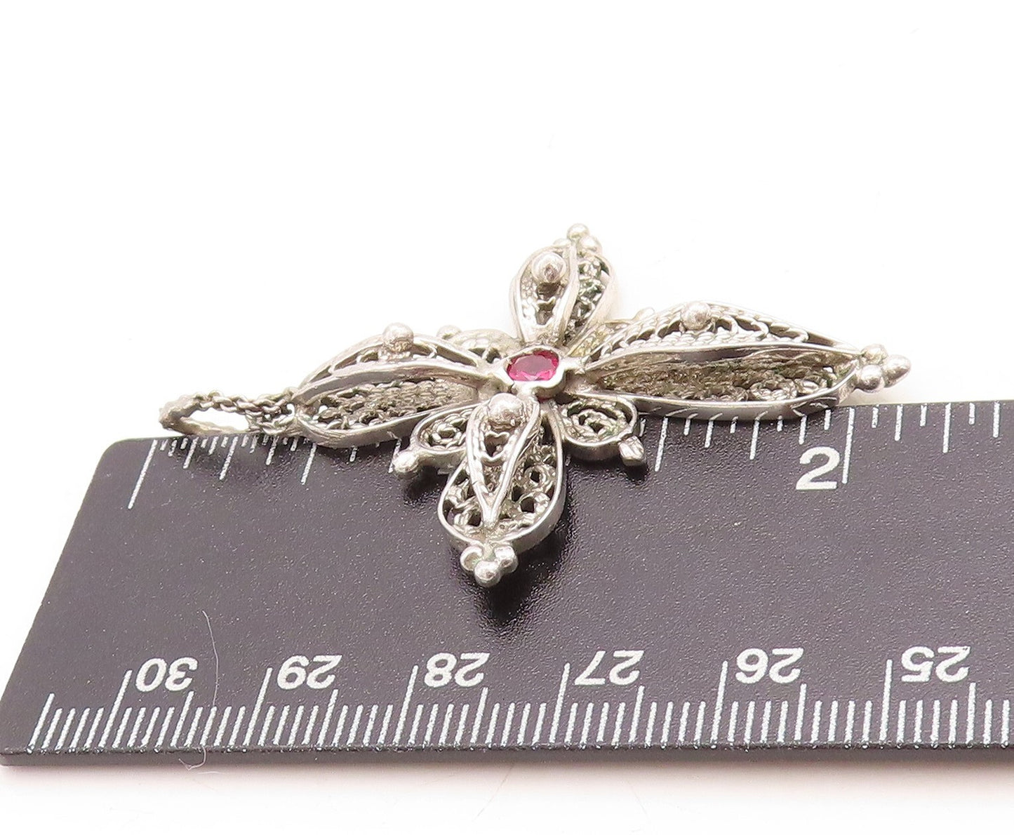 925 Sterling Silver Vintage Pendant Designer Floral Carved Garnet Cross  PT23771