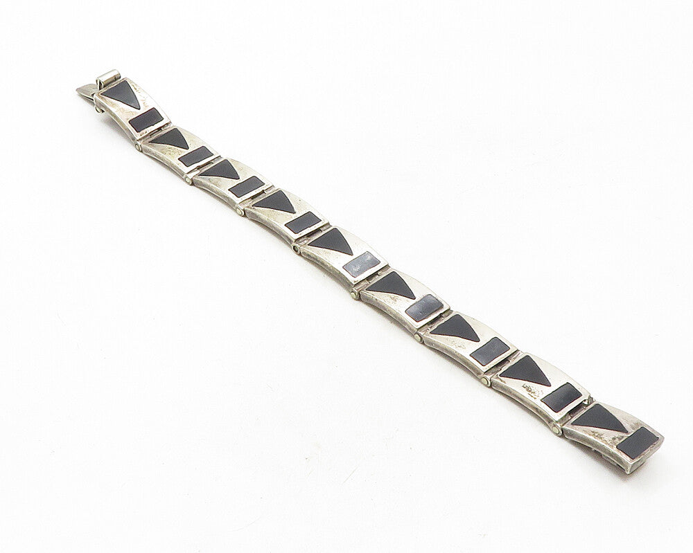 MEXICO 925 Sterling Silver  Vintage Inlaid Black Onyx Chain Bracelet  BT4456