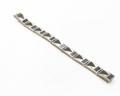MEXICO 925 Sterling Silver  Vintage Inlaid Black Onyx Chain Bracelet  BT4456