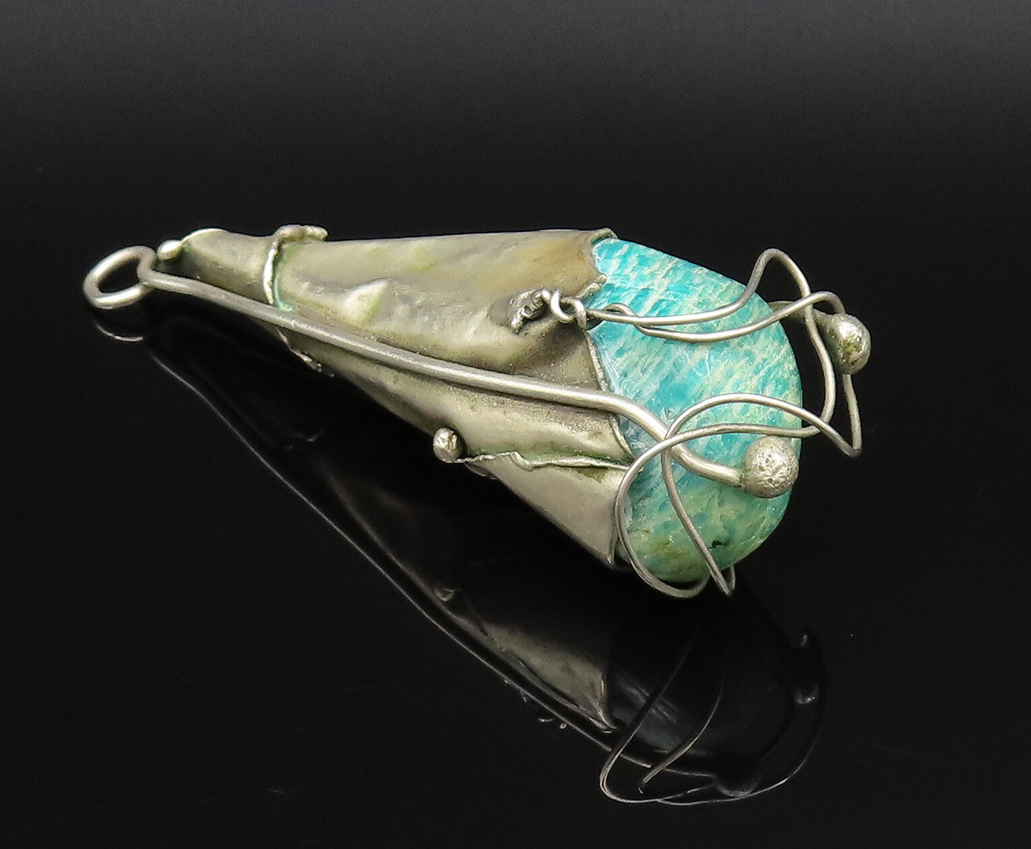 925 Silver  Vintage Modernist Wrapped Green Jasper Stone Cone Pendant  PT21613