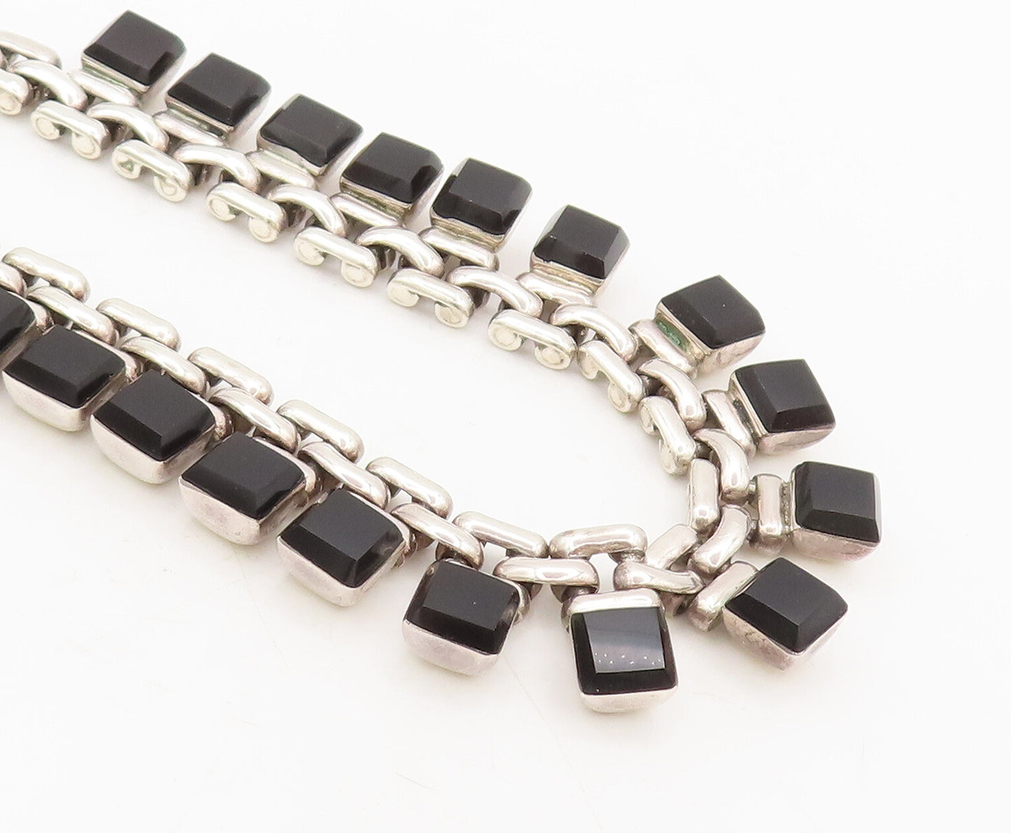 MEXICO 925 Sterling Silver Vintage Necklace Link Chain Onyx Heavy NE4206