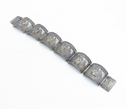925 Sterling Silver  Vintage Antique Alpaca Scene Curved Chain Bracelet BT2394