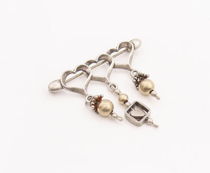 925 Sterling Silver Vintage Brooch Pin Cutout Hearts With Dangling Beads BP11104