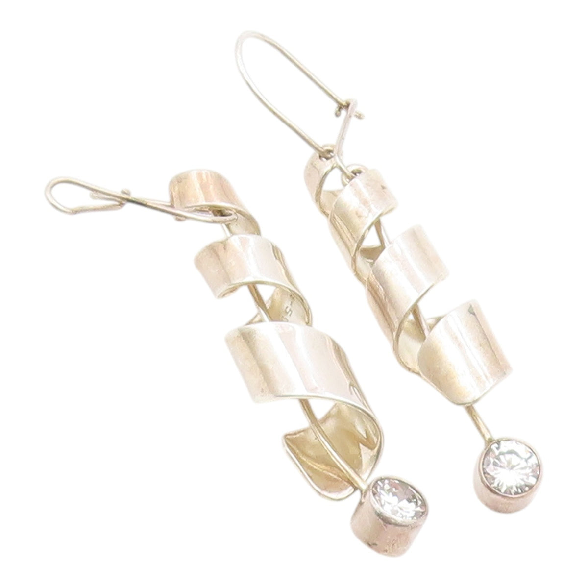 925 Sterling Silver Vintage Earrings Round Cut CZ Twisted Ribbon Dangle  EG14439