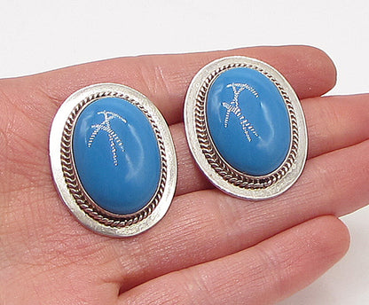 925 Sterling Silver  Vintage Bezel Set Turquoise Stud Drop Earrings  EG1958