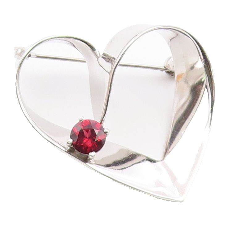 925 Sterling Silver  Vintage Garnet Shiny Love Heart Ribbon Brooch Pin  BP8226
