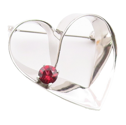 925 Sterling Silver  Vintage Garnet Shiny Love Heart Ribbon Brooch Pin  BP8226
