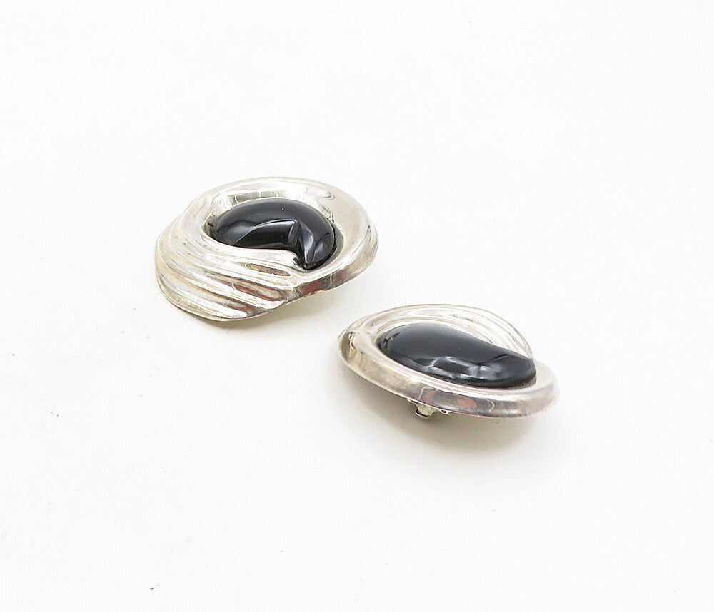 MEXICO 925 Silver  Vintage Black Onyx Modernist Non Pierce Earrings  EG4794