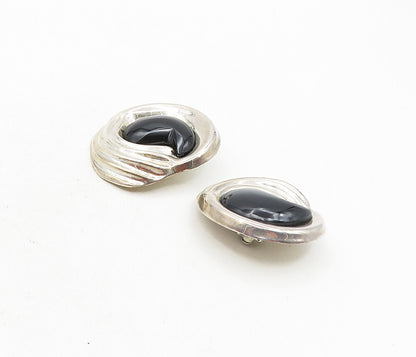 MEXICO 925 Silver  Vintage Black Onyx Modernist Non Pierce Earrings  EG4794