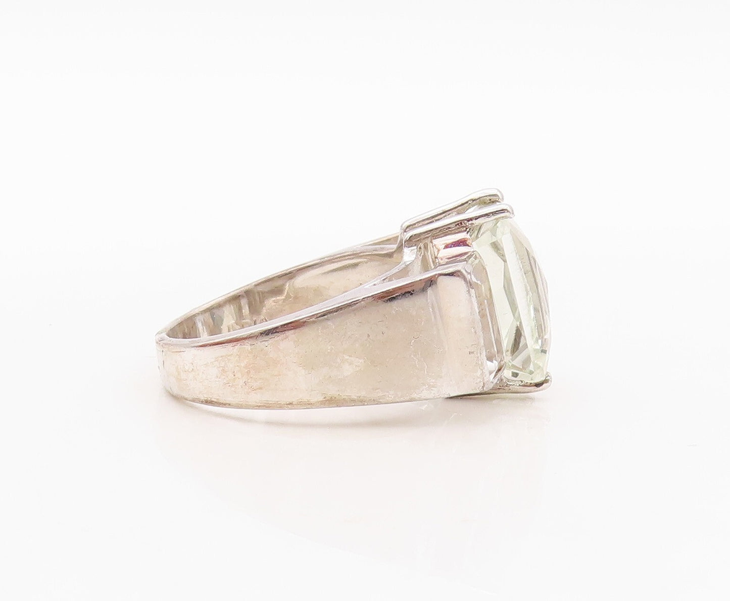 925 Sterling Silver Vintage Ring Rectangle Green Amethyst & Topaz  Sz 8  RG30012