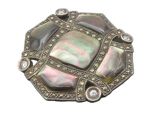 925 Sterling Silver  Vintage Abalone Shell & Marcasite Brooch Pin  BP5494