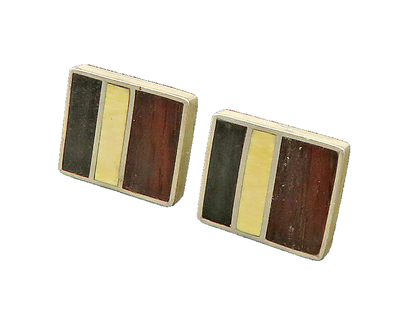 925 Sterling Silver  Vintage Inlaid Wood Heavy Square Cufflinks  TR3138