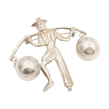 925 Sterling Silver Vintage Brooch MEXICO Man Carrying Water Jugs Pin  BP12083