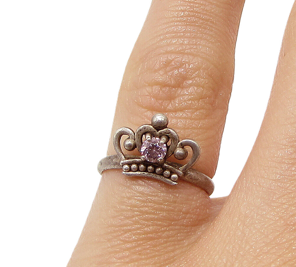 DISNEY 925 Silver  Vintage Pink Topaz Royal Crown Band Ring Sz 3  RG3229