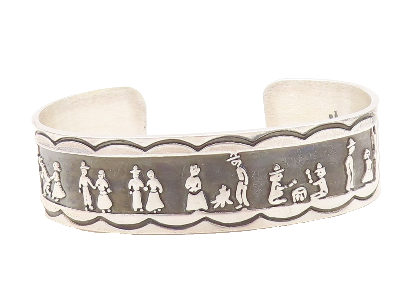 925 Sterling Silver Vintage Bracelet Country Life People Carved Cuff BT11223