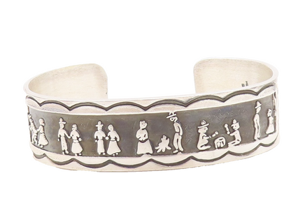 925 Sterling Silver Vintage Bracelet Country Life People Carved Cuff BT11223