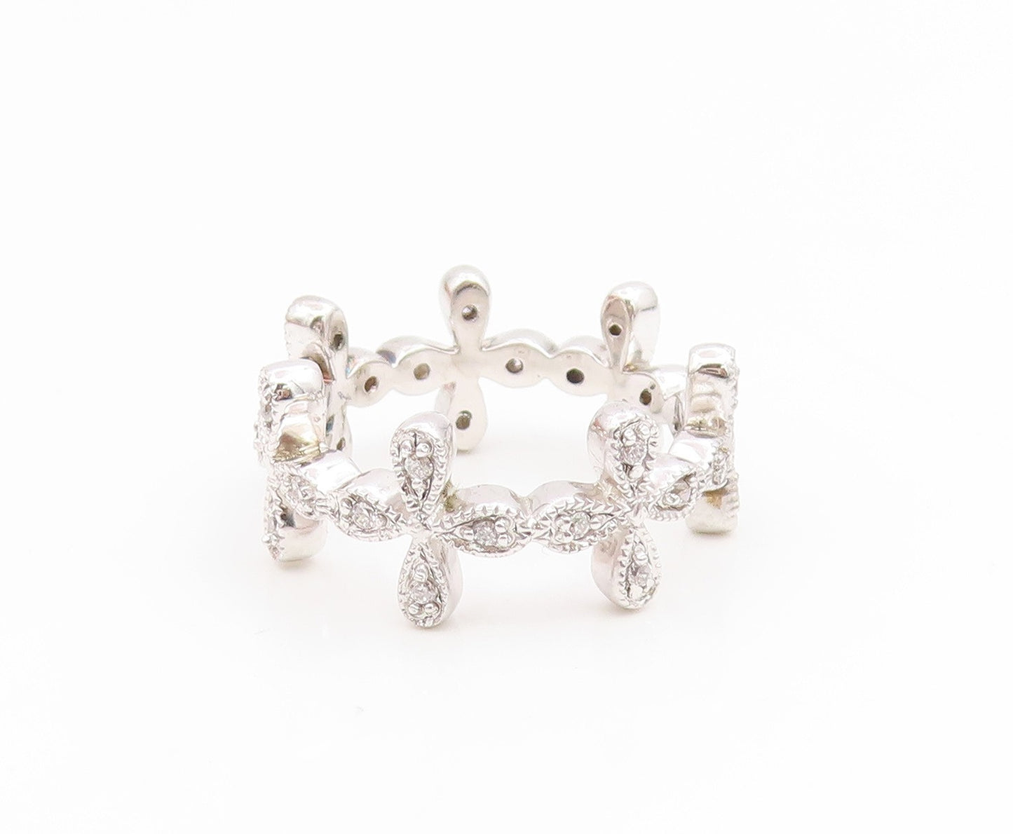 925 Sterling Silver Vintage Ring CZ Floral Petal Eternity Band  Sz 7  RG35234