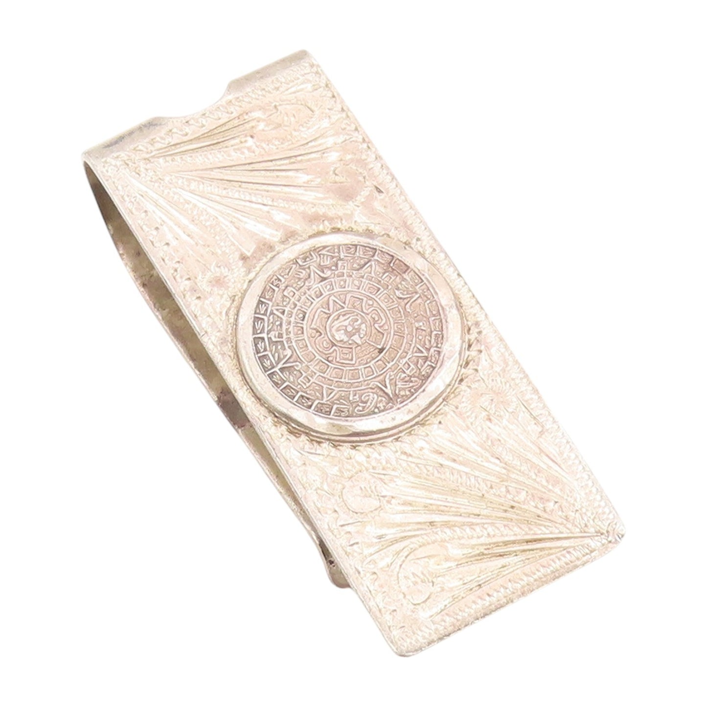 925 Sterling Silver Vintage Money Clip Dark Tone Floral Carved Aztec Sun  TR3869