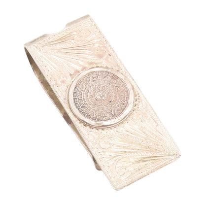 925 Sterling Silver Vintage Money Clip Dark Tone Floral Carved Aztec Sun  TR3869